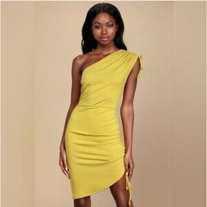 Lulu's Jersey Knit One-Shoulder Ruched Yellow Dress Size XL NWT P2P 19